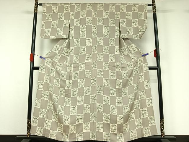 平和屋着物▽上質な小紋　単衣　市松花文　正絹　逸品　AABG5657jh
