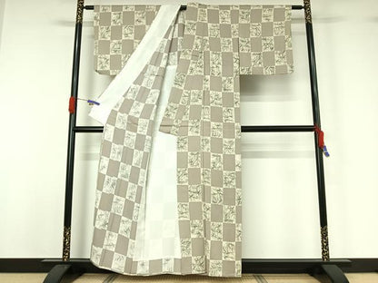 平和屋着物▽上質な小紋　単衣　市松花文　正絹　逸品　AABG5657jh