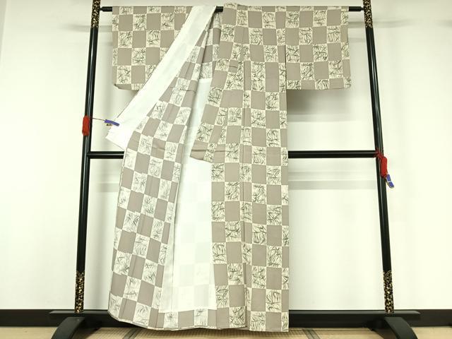 平和屋着物▽上質な小紋　単衣　市松花文　正絹　逸品　AABG5657jh