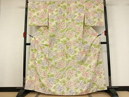 平和屋着物▽上質な小紋 単衣 紬地 手描き 草花文 正絹 逸品 AABG5681jh