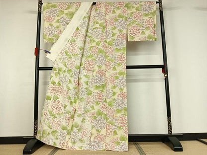 平和屋着物▽上質な小紋 単衣 紬地 手描き 草花文 正絹 逸品 AABG5681jh