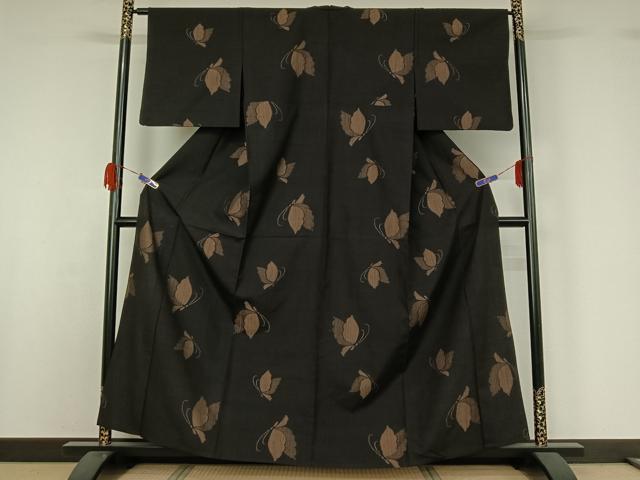 平和屋着物▽上質な紬 単衣 舞蝶文 正絹 逸品 AABG5683jh