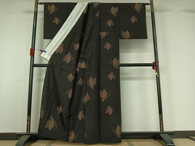 平和屋着物▽上質な紬 単衣 舞蝶文 正絹 逸品 AABG5683jh
