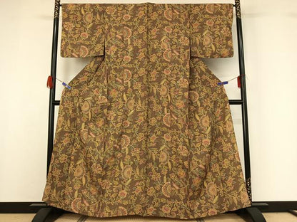平和屋着物▽江戸小紋 単衣 更紗花文 正絹 逸品 AABG5687jh