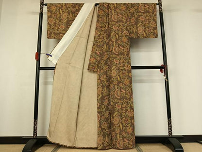 平和屋着物▽江戸小紋 単衣 更紗花文 正絹 逸品 AABG5687jh