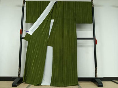 平和屋着物▽上質な小紋　単衣　作家物　緑茶染め　霞文　正絹　逸品　AABG5692jh