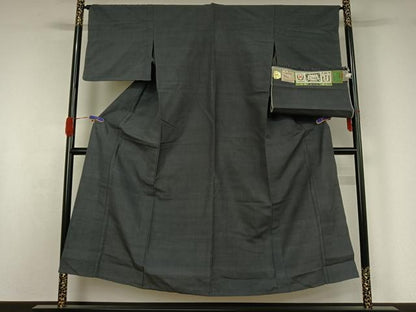 平和屋着物▽結城紬 単衣 鉄御納戸色 証紙付き 正絹 逸品 AABG5698jh