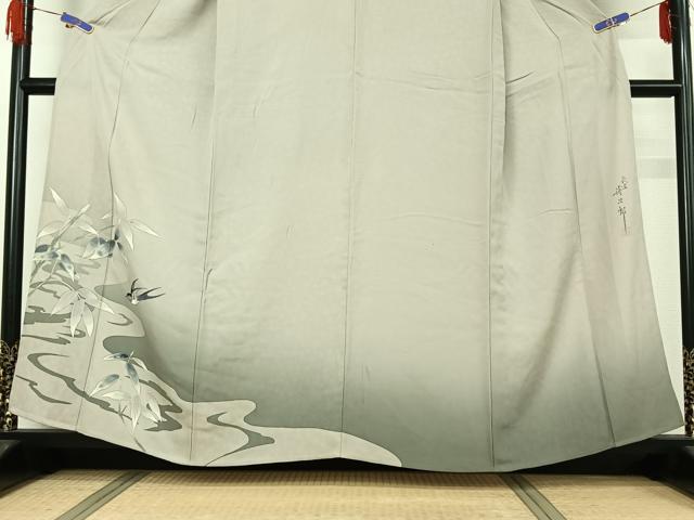 平和屋着物▽二代目清次郎 手描き 訪問着 単衣 笹竹流水文 鳥 暈し染め 正絹 逸品 AABG5702jh