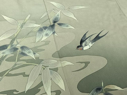 平和屋着物▽二代目清次郎 手描き 訪問着 単衣 笹竹流水文 鳥 暈し染め 正絹 逸品 AABG5702jh