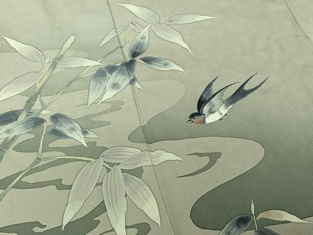 平和屋着物▽二代目清次郎 手描き 訪問着 単衣 笹竹流水文 鳥 暈し染め 正絹 逸品 AABG5702jh