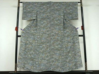 平和屋着物▽上質な小紋 単衣 人物風景文 鬼しぼ縮緬 正絹 逸品 AABG5703jh