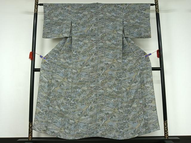 平和屋着物▽上質な小紋 単衣 人物風景文 鬼しぼ縮緬 正絹 逸品 AABG5703jh