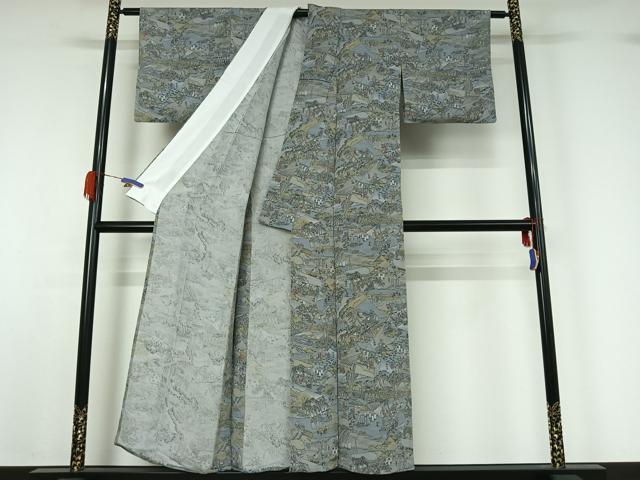 平和屋着物▽上質な小紋 単衣 人物風景文 鬼しぼ縮緬 正絹 逸品 AABG5703jh
