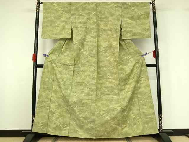 平和屋着物▽上質な紬 単衣 手描き 風景花文 正絹 逸品 AABG5710jh