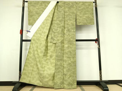 平和屋着物▽上質な紬 単衣 手描き 風景花文 正絹 逸品 AABG5710jh