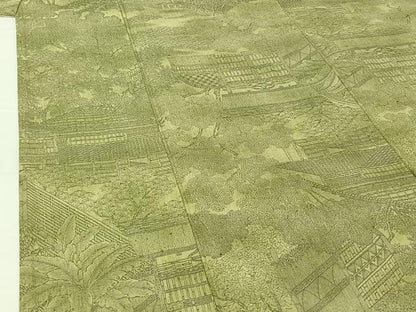 平和屋着物▽上質な紬 単衣 手描き 風景花文 正絹 逸品 AABG5710jh