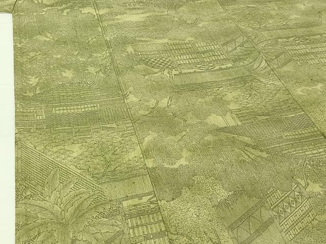 平和屋着物▽上質な紬 単衣 手描き 風景花文 正絹 逸品 AABG5710jh