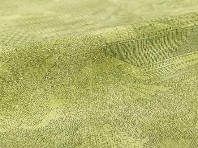 平和屋着物▽上質な紬 単衣 手描き 風景花文 正絹 逸品 AABG5710jh