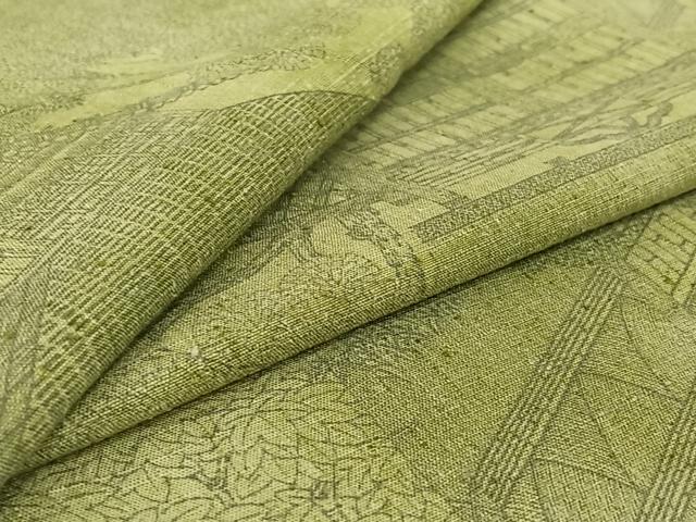 平和屋着物▽上質な紬 単衣 手描き 風景花文 正絹 逸品 AABG5710jh