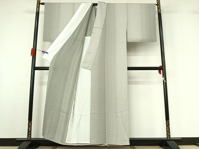 平和屋着物▽お召 単衣 変わり市松文様 正絹 逸品 AABG5712jh