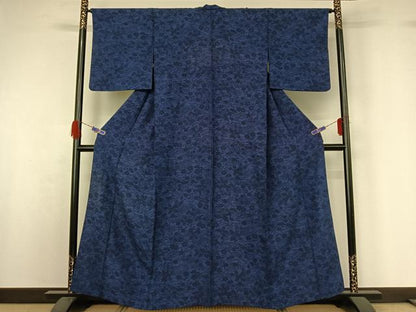 平和屋着物▽上質な小紋 単衣 型染め 藍 流水花文 正絹 逸品 AABG5714jh