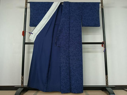 平和屋着物▽上質な小紋 単衣 型染め 藍 流水花文 正絹 逸品 AABG5714jh