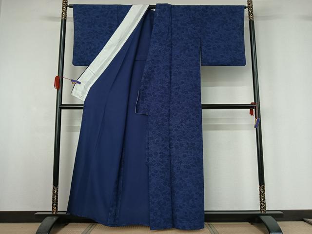 平和屋着物▽上質な小紋 単衣 型染め 藍 流水花文 正絹 逸品 AABG5714jh