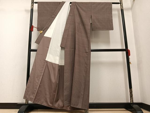 平和屋着物●結城紬　色無地　銀煤竹色　正絹　逸品　未使用　AABG5731ph