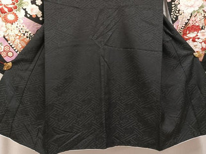 平和屋着物●小振袖　二尺袖　舞花文　黒地　金彩　正絹　逸品　AABG5734ph