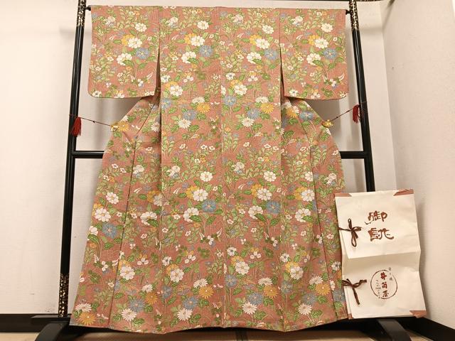 平和屋着物●上質な小紋　型染め　草花文　井筒屋扱い　たとう紙付き　正絹　逸品　AABG5737ph