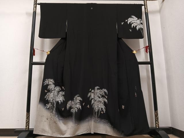 平和屋着物●松尾光琳　訪問着　竹林図　黒地　銀彩　正絹　逸品　AABG5751ph