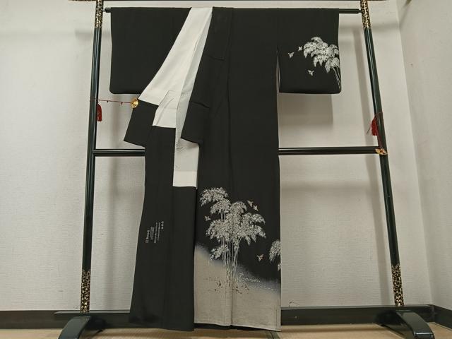 平和屋着物●松尾光琳　訪問着　竹林図　黒地　銀彩　正絹　逸品　AABG5751ph