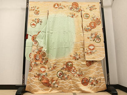 平和屋着物●豪華振袖　駒刺繍　飛鶴花蝶文　暈し染め　金彩　正絹　逸品　AABG5757ph