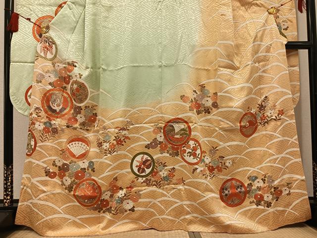 平和屋着物●豪華振袖　駒刺繍　飛鶴花蝶文　暈し染め　金彩　正絹　逸品　AABG5757ph