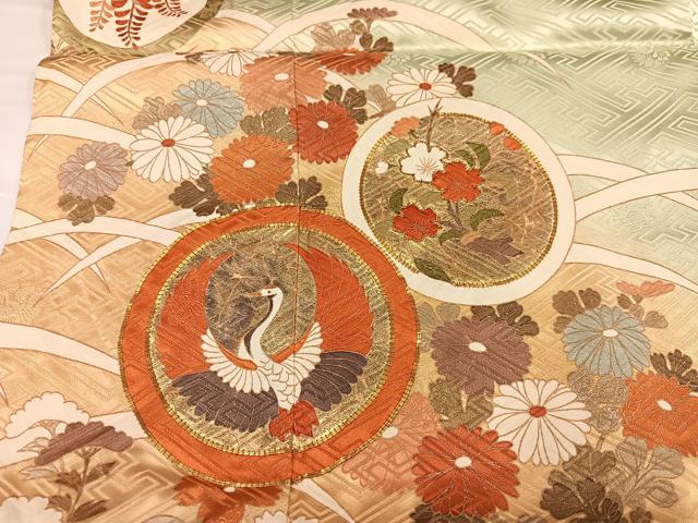 平和屋着物●豪華振袖　駒刺繍　飛鶴花蝶文　暈し染め　金彩　正絹　逸品　AABG5757ph