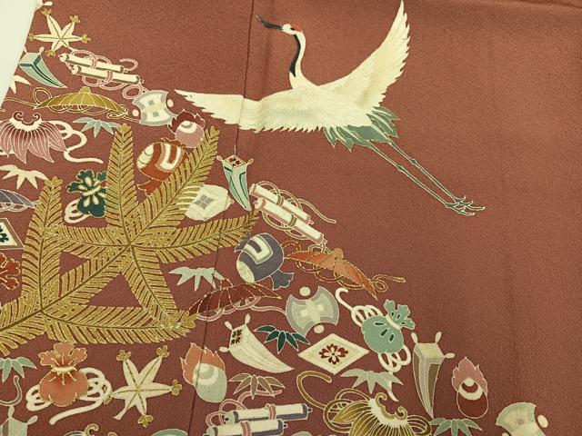 平和屋着物●豪華色留袖　友禅　刺繍　飛鶴宝尽くし　金彩　正絹　逸品　AABG5762ph