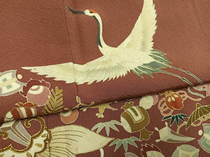 平和屋着物●豪華色留袖　友禅　刺繍　飛鶴宝尽くし　金彩　正絹　逸品　AABG5762ph