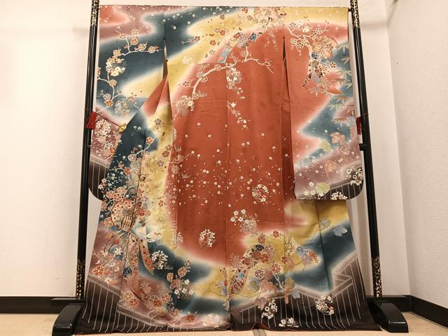 平和屋着物●豪華振袖　雪輪御所車花文　暈し染め　金彩　ロング丈　正絹　逸品　AABG5766ph