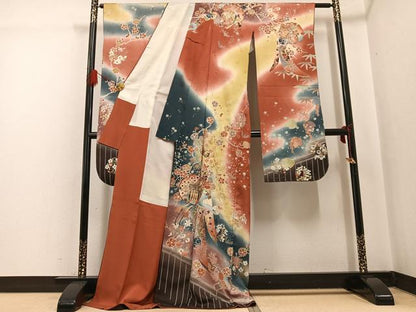 平和屋着物●豪華振袖　雪輪御所車花文　暈し染め　金彩　ロング丈　正絹　逸品　AABG5766ph