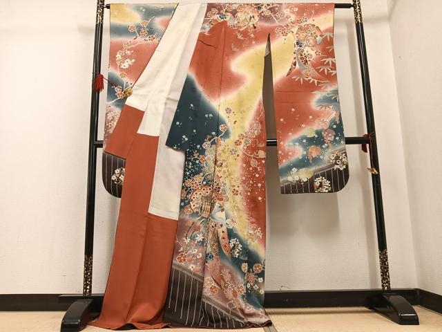 平和屋着物●豪華振袖　雪輪御所車花文　暈し染め　金彩　ロング丈　正絹　逸品　AABG5766ph