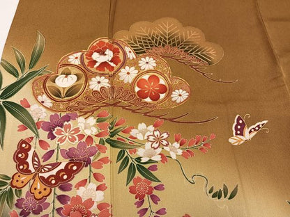 平和屋着物●豪華振袖　駒刺繍　舞蝶草花文　暈し染め　金彩　正絹　逸品　AABG5768ph