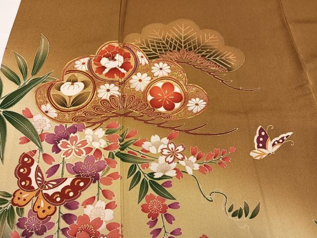 平和屋着物●豪華振袖　駒刺繍　舞蝶草花文　暈し染め　金彩　正絹　逸品　AABG5768ph