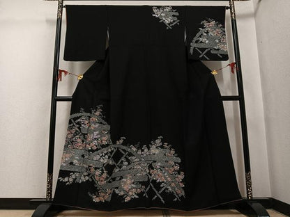 平和屋着物●訪問着　手描き　絞り　花尽くし　黒地　銀彩　正絹　逸品　AABG5777ph