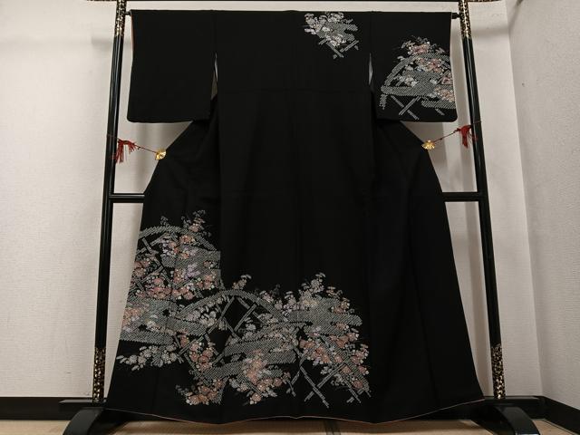 平和屋着物●訪問着　手描き　絞り　花尽くし　黒地　銀彩　正絹　逸品　AABG5777ph