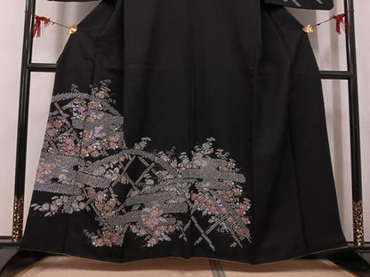 平和屋着物●訪問着　手描き　絞り　花尽くし　黒地　銀彩　正絹　逸品　AABG5777ph