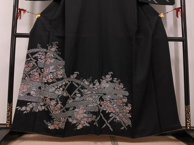 平和屋着物●訪問着　手描き　絞り　花尽くし　黒地　銀彩　正絹　逸品　AABG5777ph
