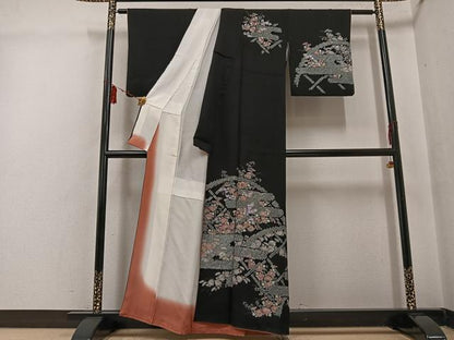 平和屋着物●訪問着　手描き　絞り　花尽くし　黒地　銀彩　正絹　逸品　AABG5777ph