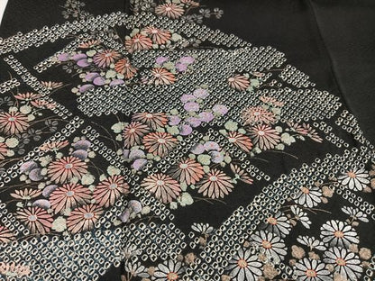 平和屋着物●訪問着　手描き　絞り　花尽くし　黒地　銀彩　正絹　逸品　AABG5777ph
