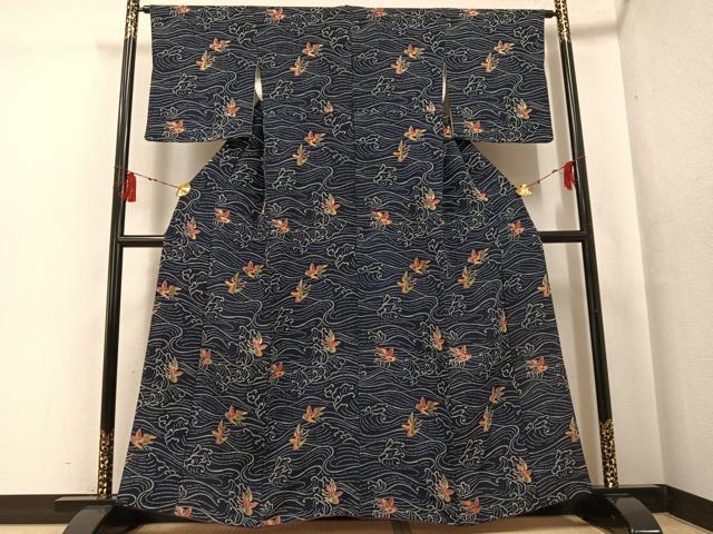 平和屋着物●上質な小紋　藍　紅型　立波飛鳥文　鬼しぼ縮緬　正絹　逸品　AABG5783ph