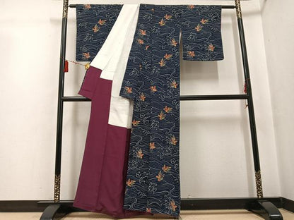 平和屋着物●上質な小紋　藍　紅型　立波飛鳥文　鬼しぼ縮緬　正絹　逸品　AABG5783ph